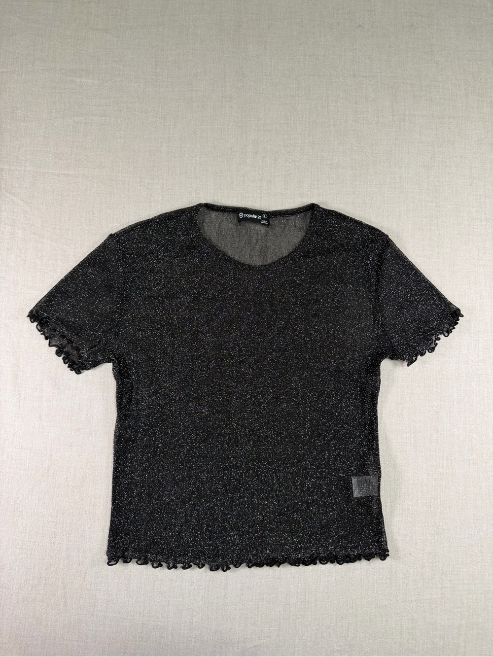 Popular 21 Black Metallic Sheer Mesh Glitter Top Size L Y2K